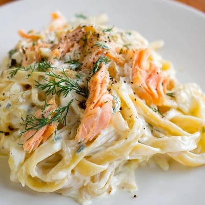 Golden bowl of hot smoked salmon pasta garnished with fresh dill and lemon